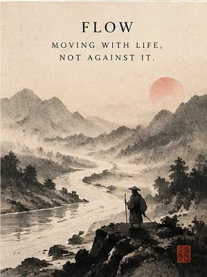 Flow — original sumi-e illustration with philosophical principle