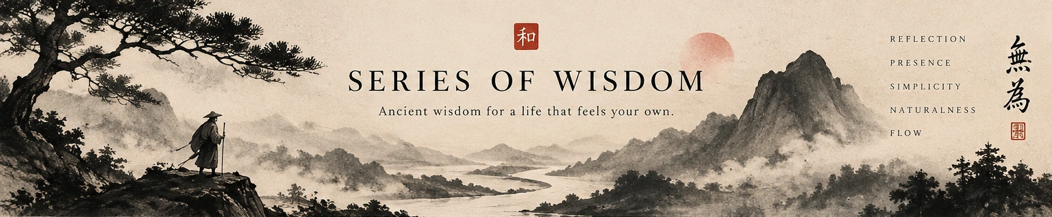 Series of Wisdom: lone traveler, misty mountains, winding river, five principles and the red harmony seal